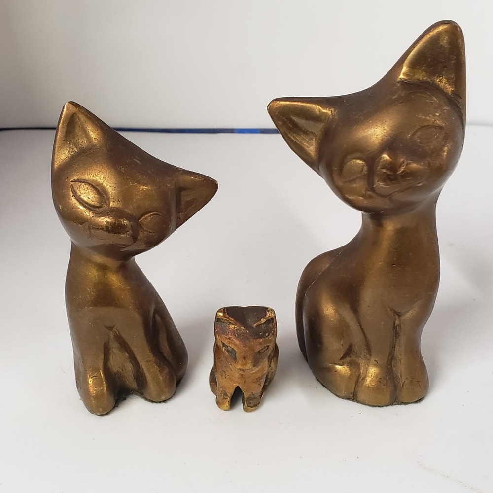 Vintage Mid Century Modern Brass Cat Figurines Set of 3 MCM Stylized Statues